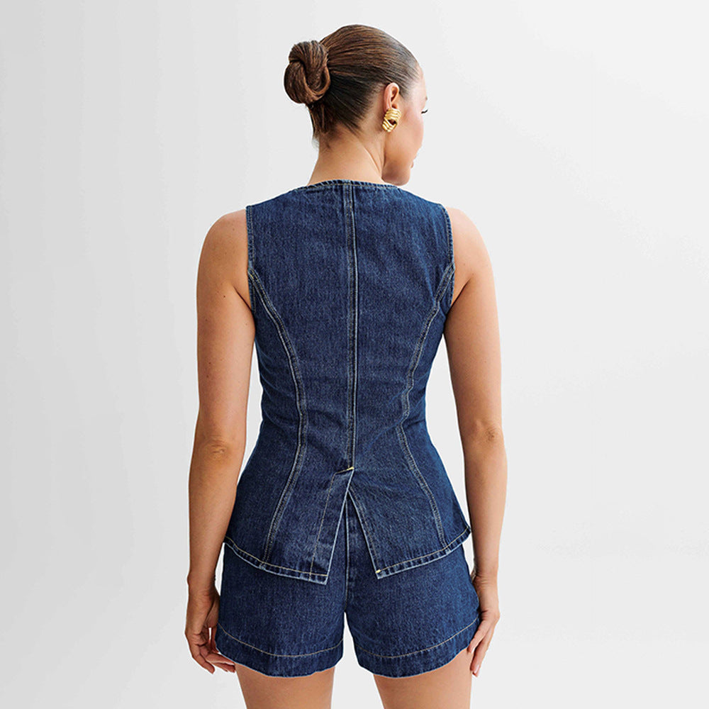 Valenzora | Denim Slim Fit Vest Shorts Two-Piece Set
