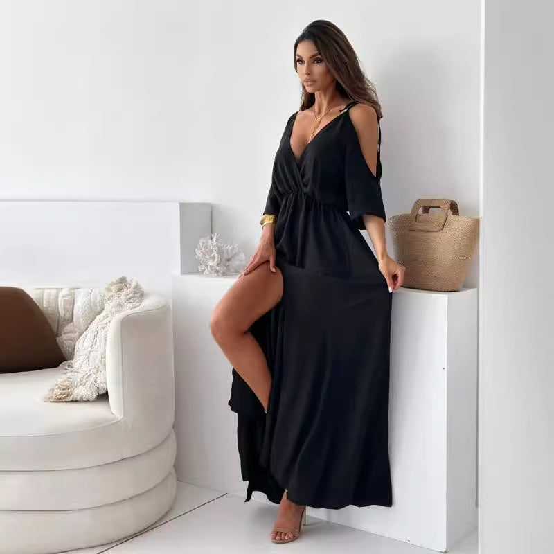 Valenzora | Satin Strappy Lace V-Neck Long Dress