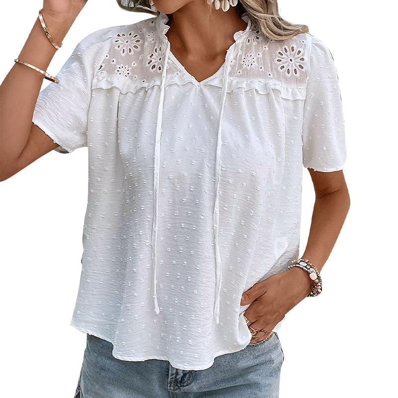 Damenbluse mit besticktem Kragen und Rüschendetails, Größe
