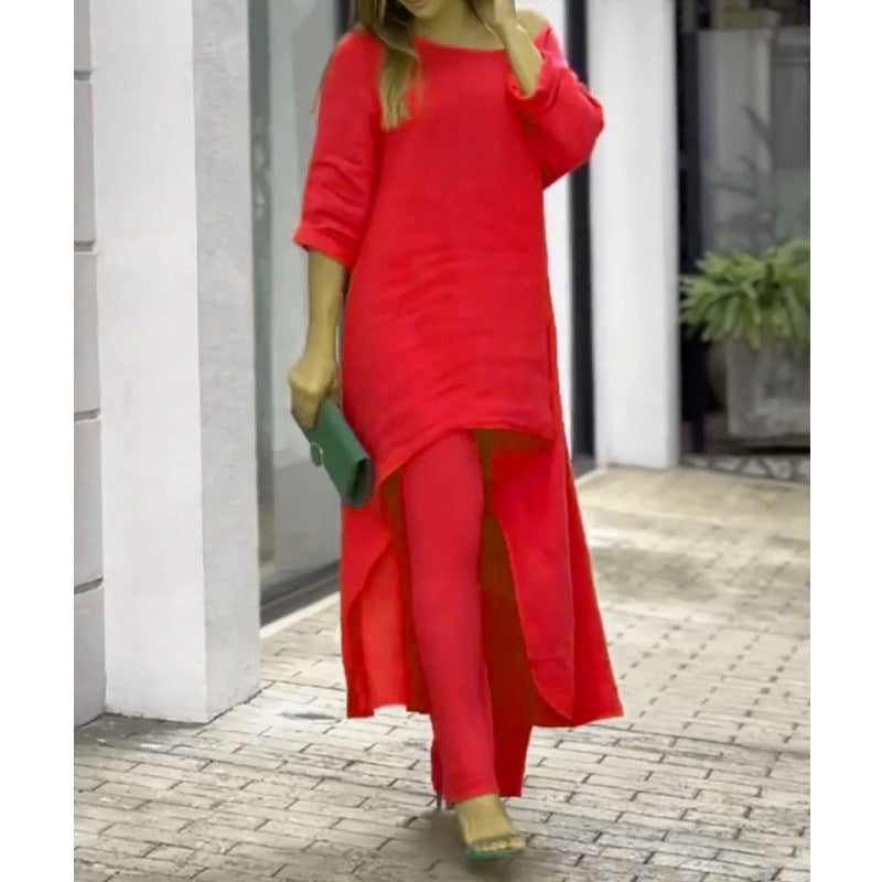 Valenzora | Irregular cotton-linen wide leg two-piece set