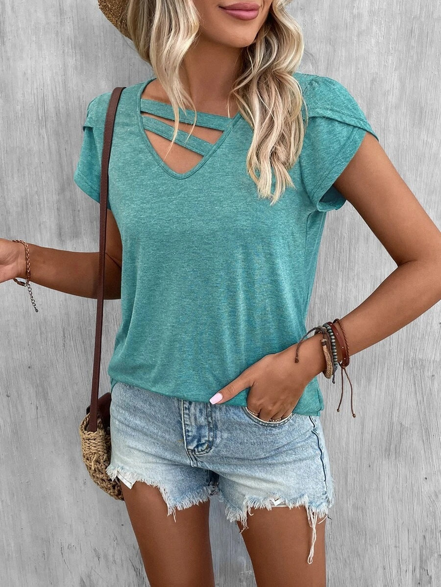 Women's casual short-sleeved T-shirt with unique cross-neck, size