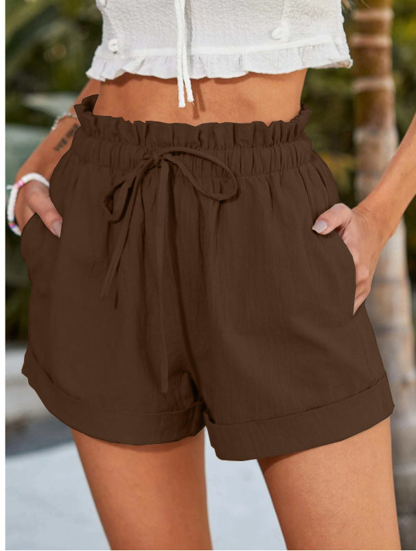 Women's casual shorts with elastic waistband and ruffle detail, size S