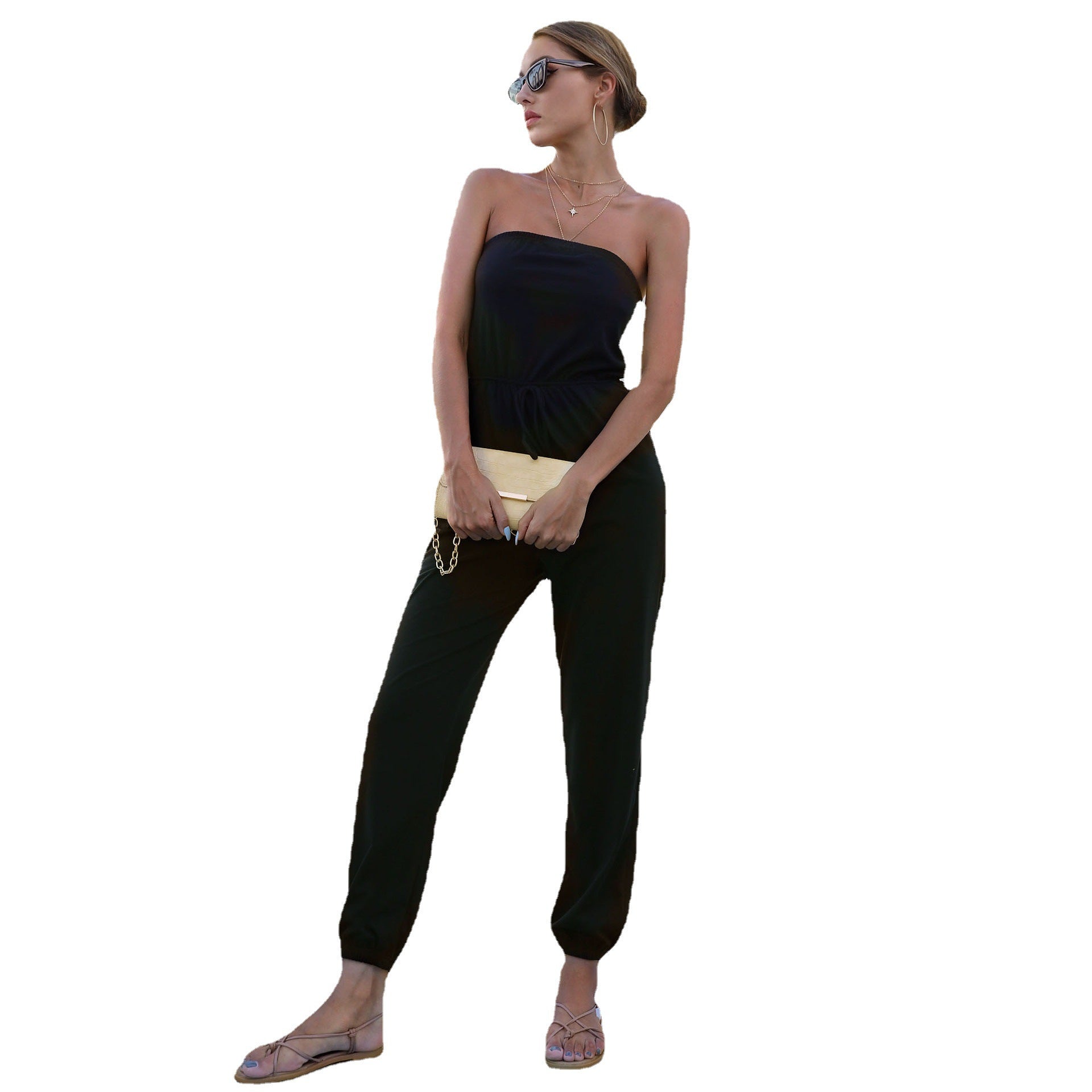 Women's jumpsuit with strapless design and elastic waist belt, size