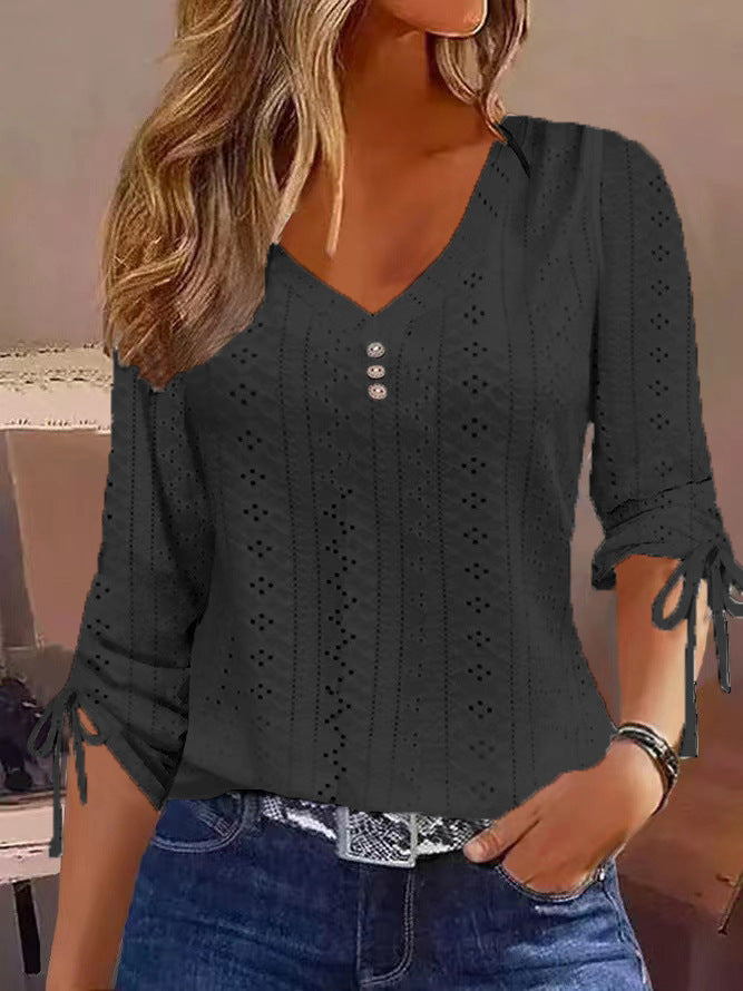 Women's blouse shirt with sophisticated openwork pattern and button details, size