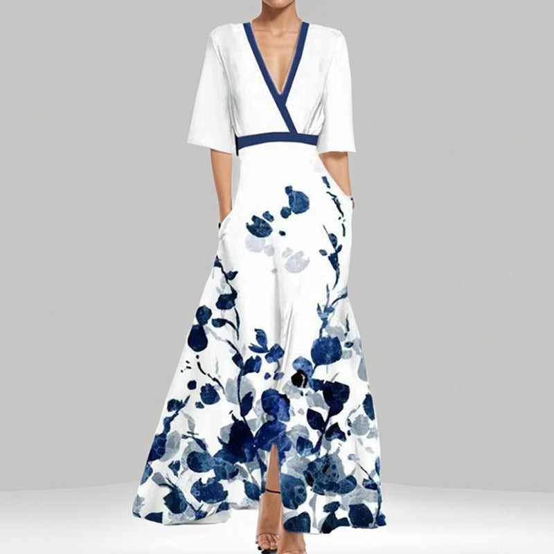 Valenzora | Elegantes V-Ausschnitt-Kleid mit Druck und Schößchen