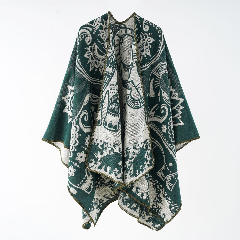 Women's elegant transitional poncho with an artistic floral pattern and fringed edges, size Valenzora