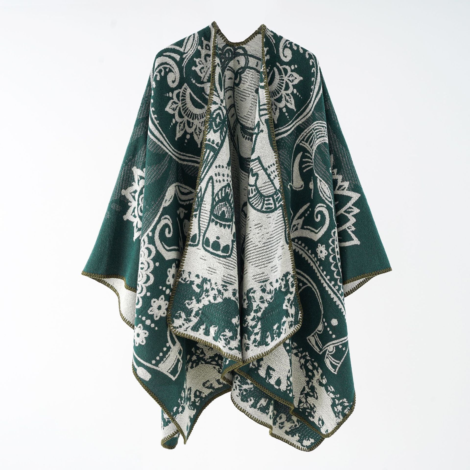 Women's elegant transitional poncho with an artistic floral pattern and fringed edges, size Valenzora