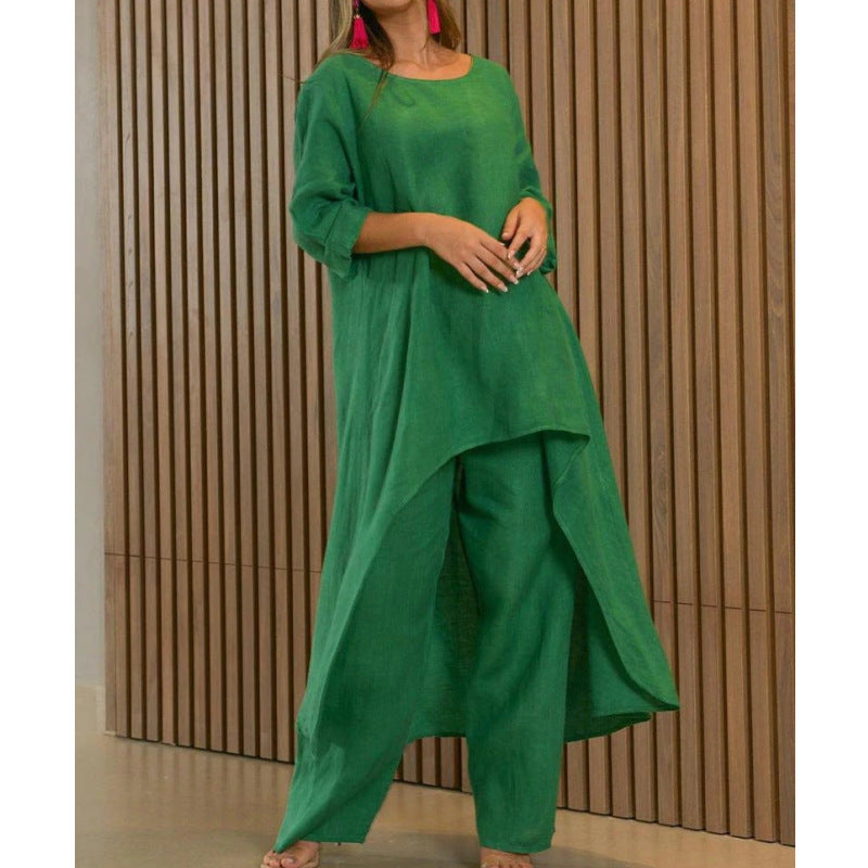 Valenzora | Cotton Linen Loose Irregular Long Sleeve Two-Piece Set