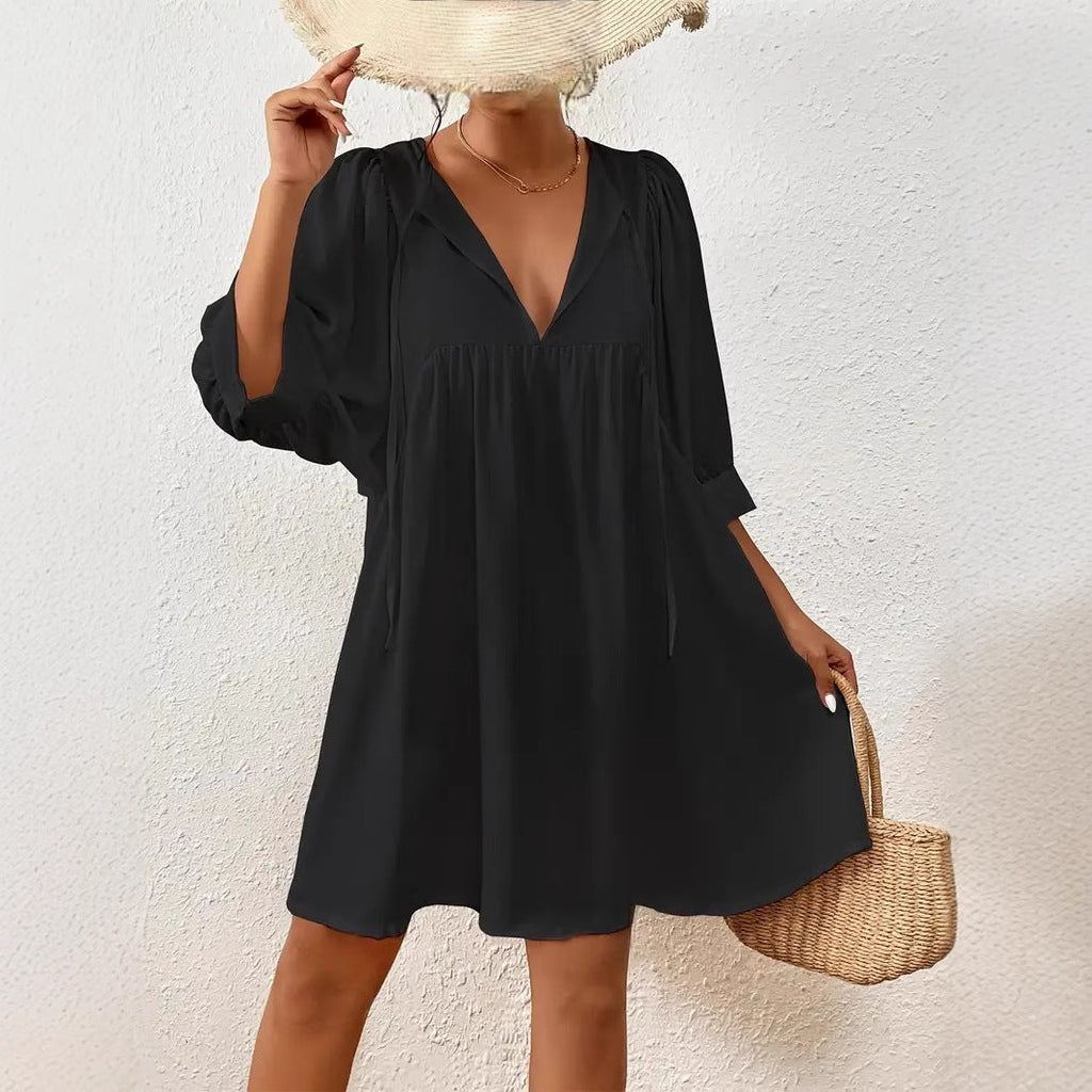 Women's casual dress with modern puff sleeves, size