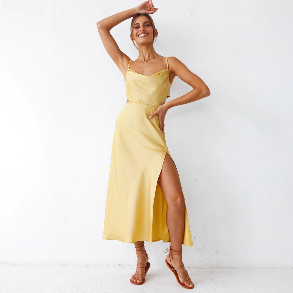 Women's satin midi dress with sophisticated ruffle details and elegant comfort, size S