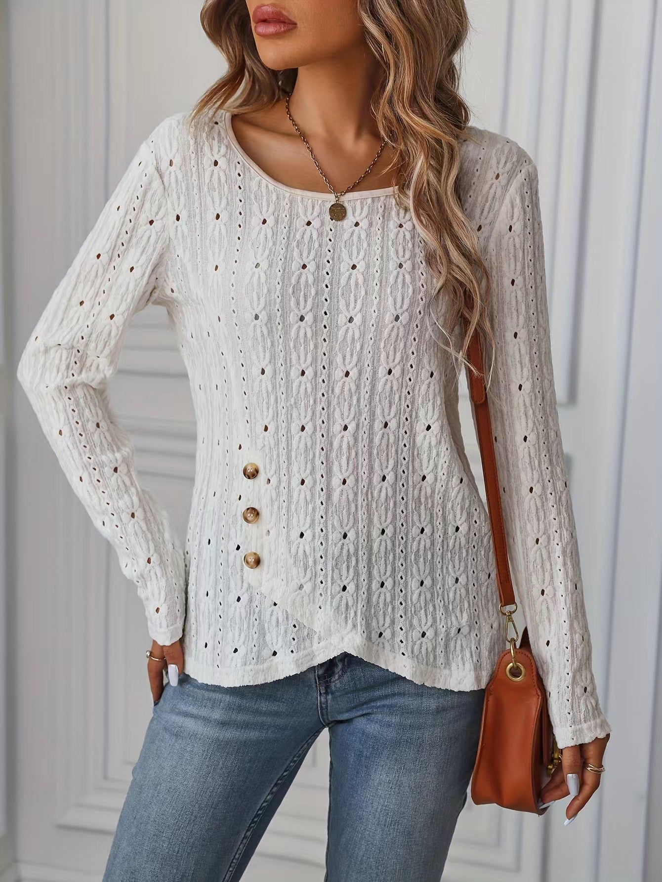 Valenzora | Long-sleeved knit jacquard button-up top