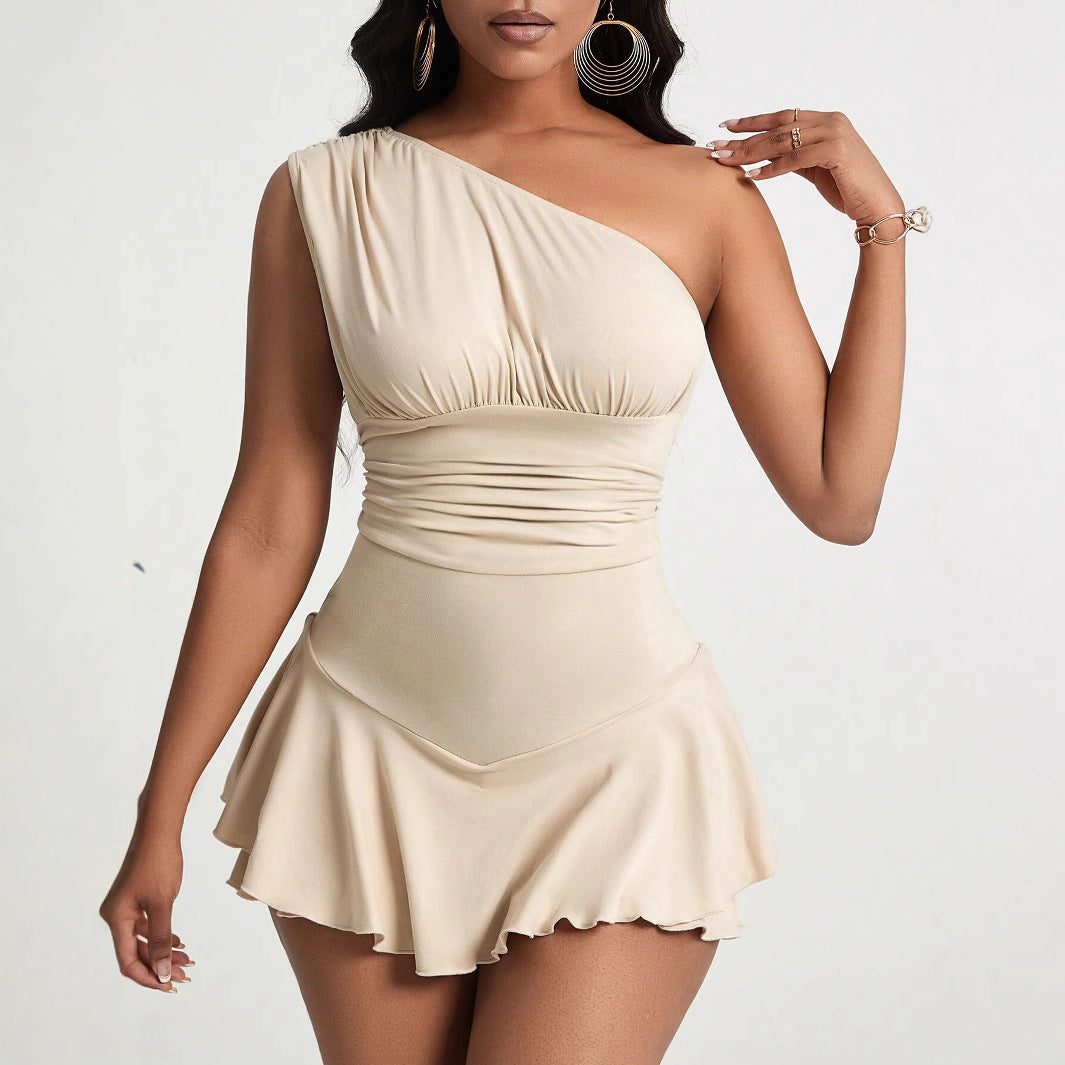 Women's asymmetrical mini dress with ruffle details and figure-flattering design, size