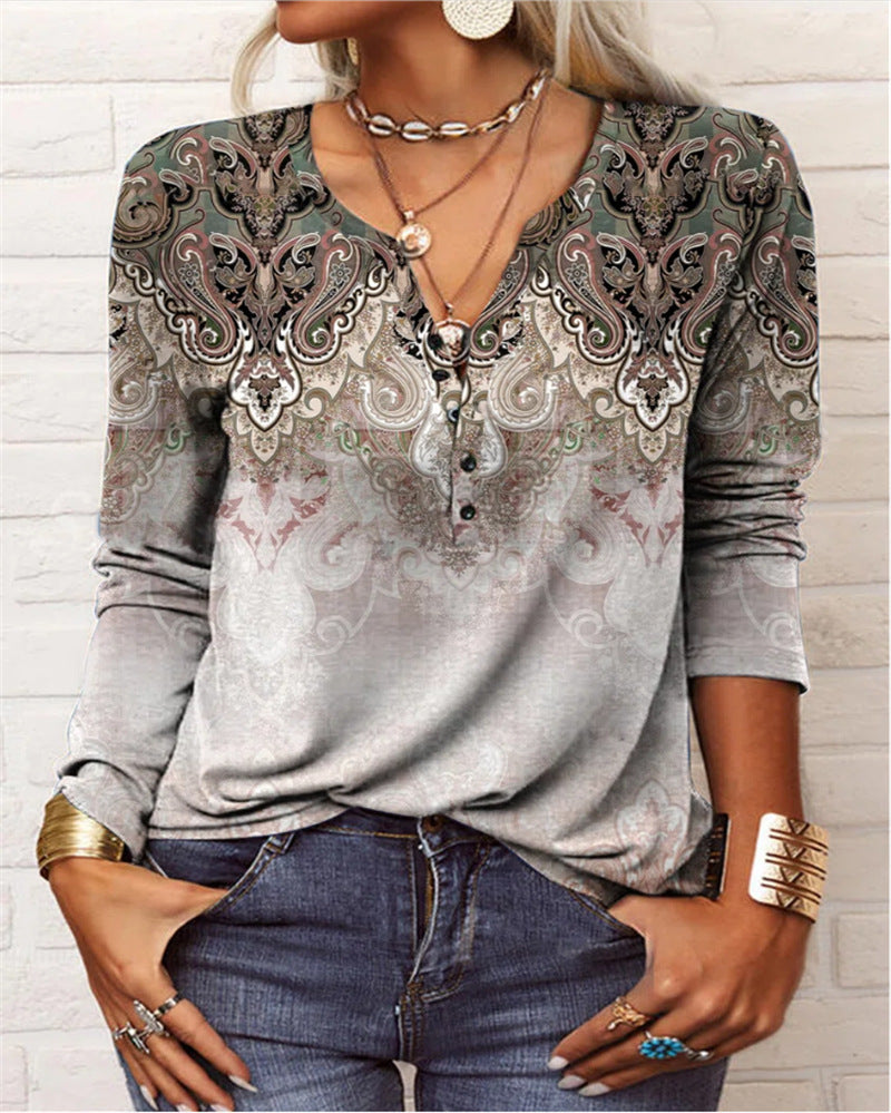 Damen Langarmshirt mit Detaildruck und Knopfleiste, Größe