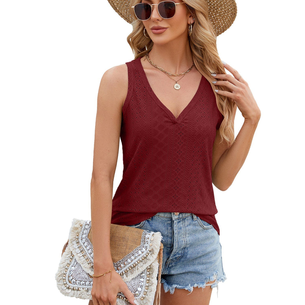 Women's sleeveless lace top with V-neck and decorative openwork patterns, size