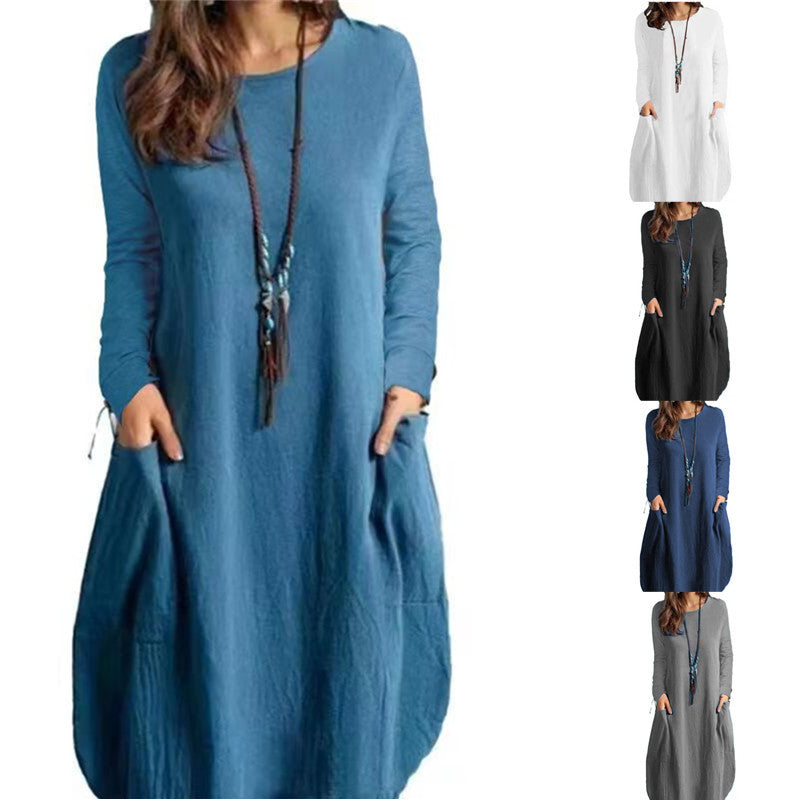 Valenzora | Relaxed Cotton-Linen Solid Color Pocket Long Sleeve Dress