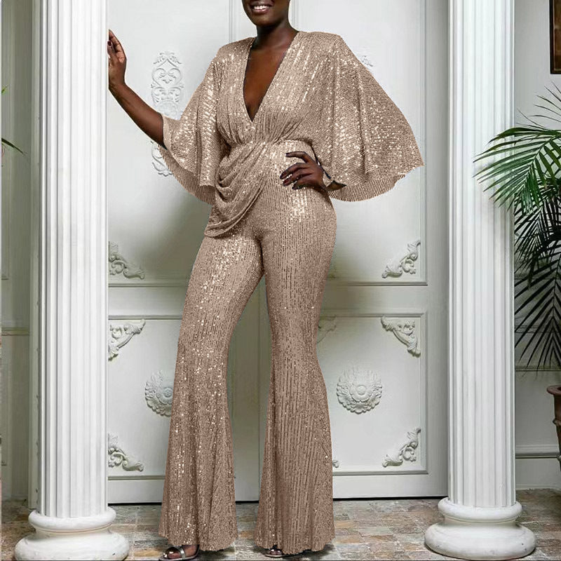 Valenzora | Sequin Deep V Backless Long Pants Jumpsuit