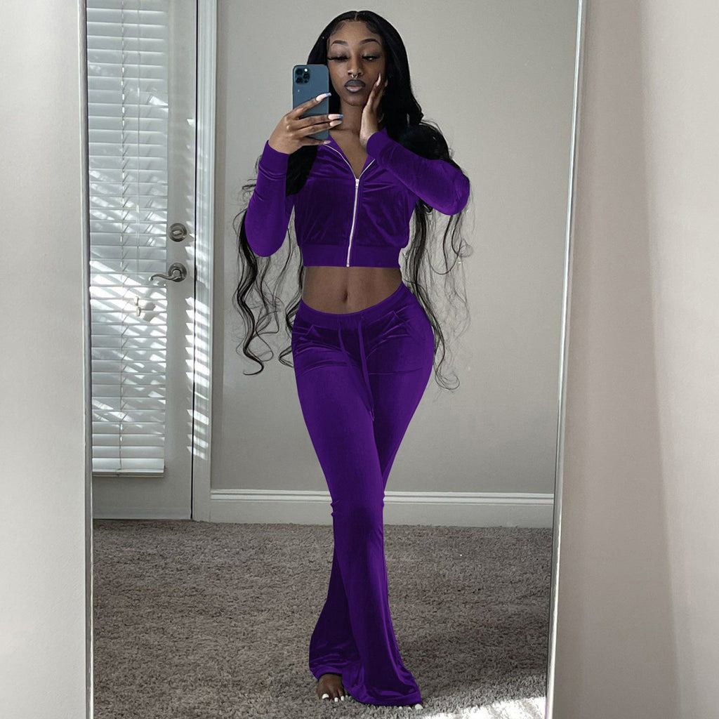 Women's velour tracksuit with zip front and wide-leg trousers, size