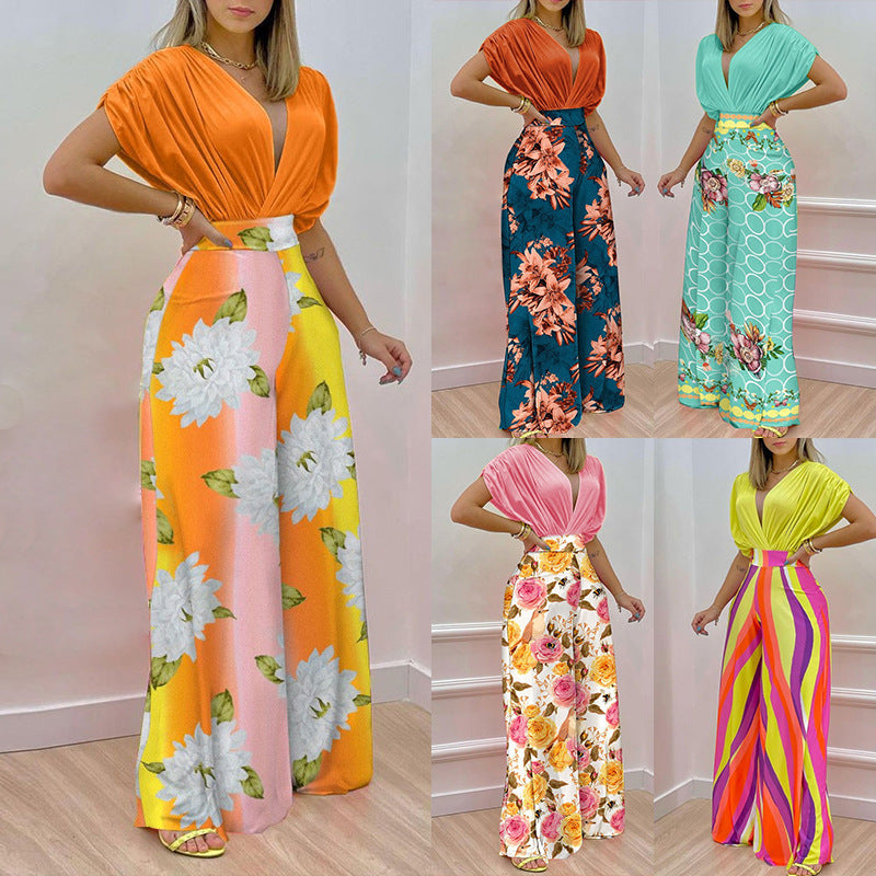 Damen-Jumpsuit mit tiefem V-Ausschnitt und weitem Bein, Größe