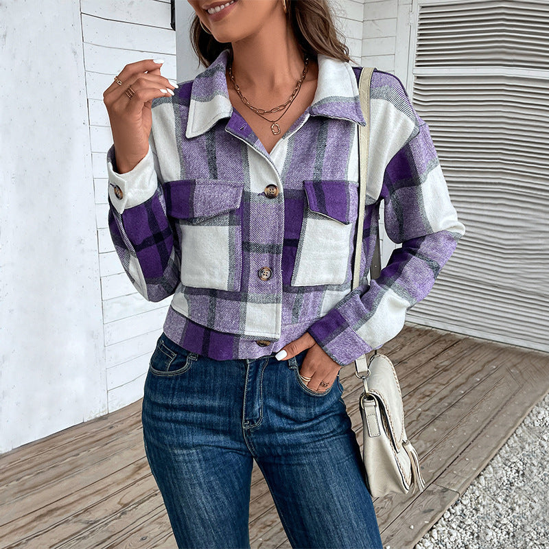 Damen Blousonjacke kariert mit Zierknöpfen und Brusttaschen, Größe