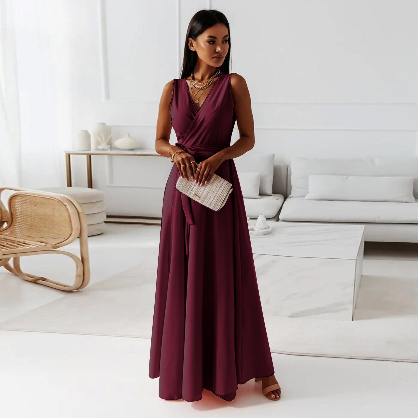 Valenzora | Women's Solid Color V-Neck Long Dress