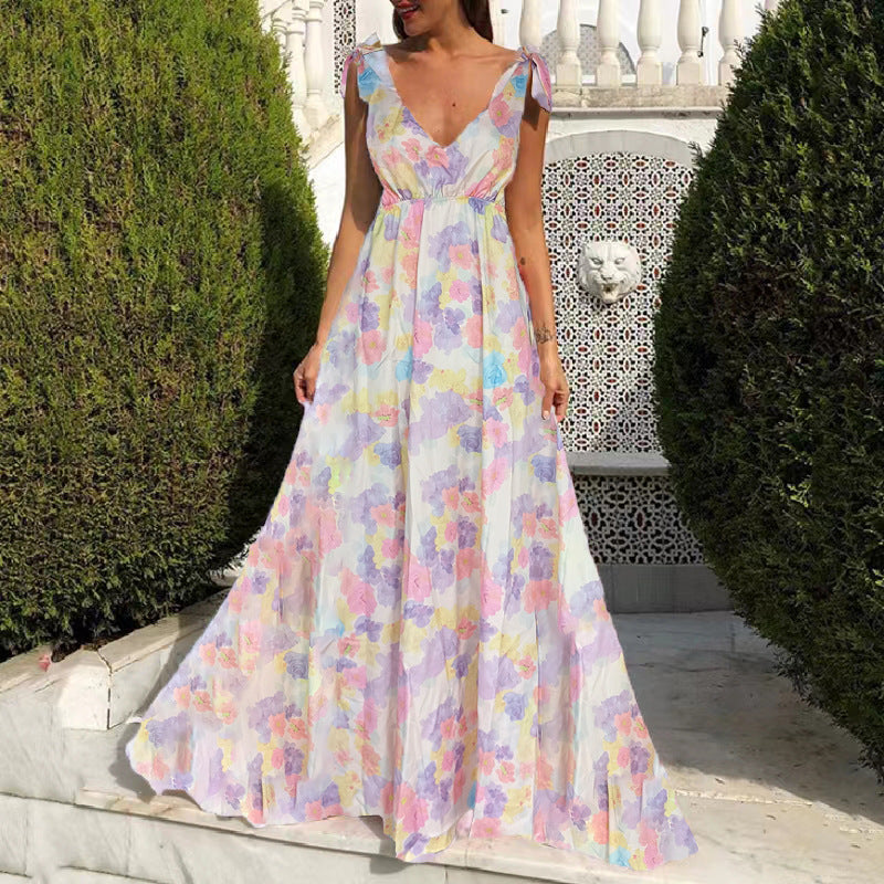 Valenzora | Bedrucktes langärmeliges Spaghetti-Träger-Kleid mit weitem Saum