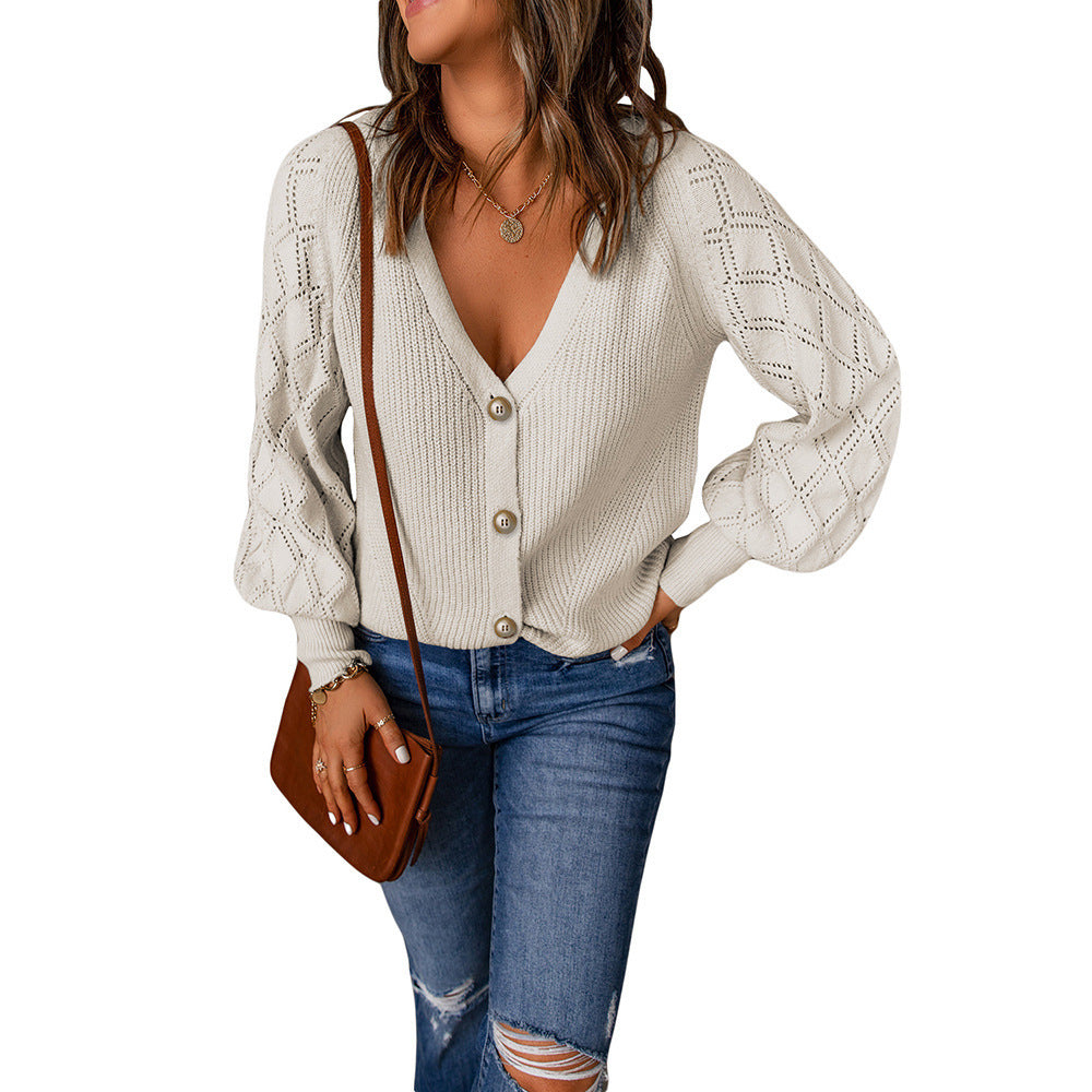 Damen Cardigan mit V-Ausschnitt und Puffärmeln, Größe