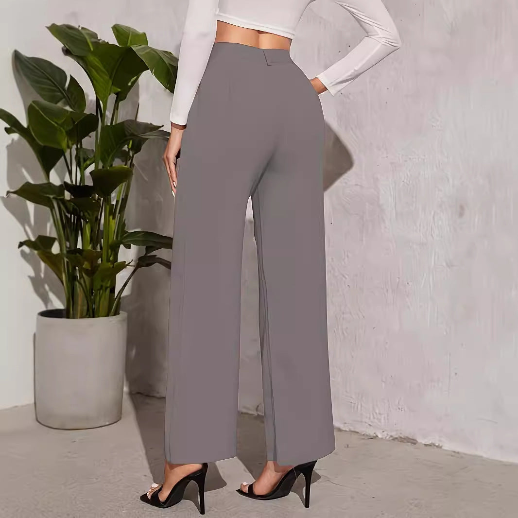 Women's wide-leg high-waisted trousers with elegant button detailing, size