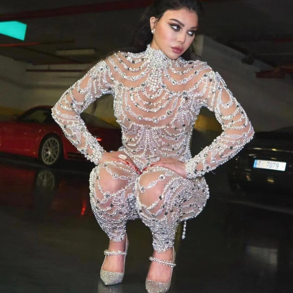 Valenzora | Figure-hugging sheer sequined dress jumpsuit