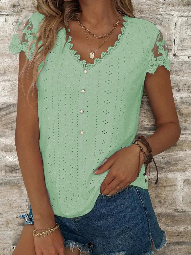 Women's blouse with romantic ruffles and unique eyelet embroidery, size