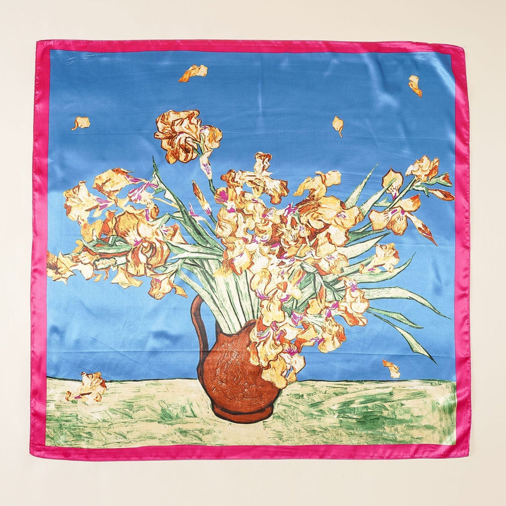 Women's silk scarf with artistic floral design and luxurious sheen, size Valenzora