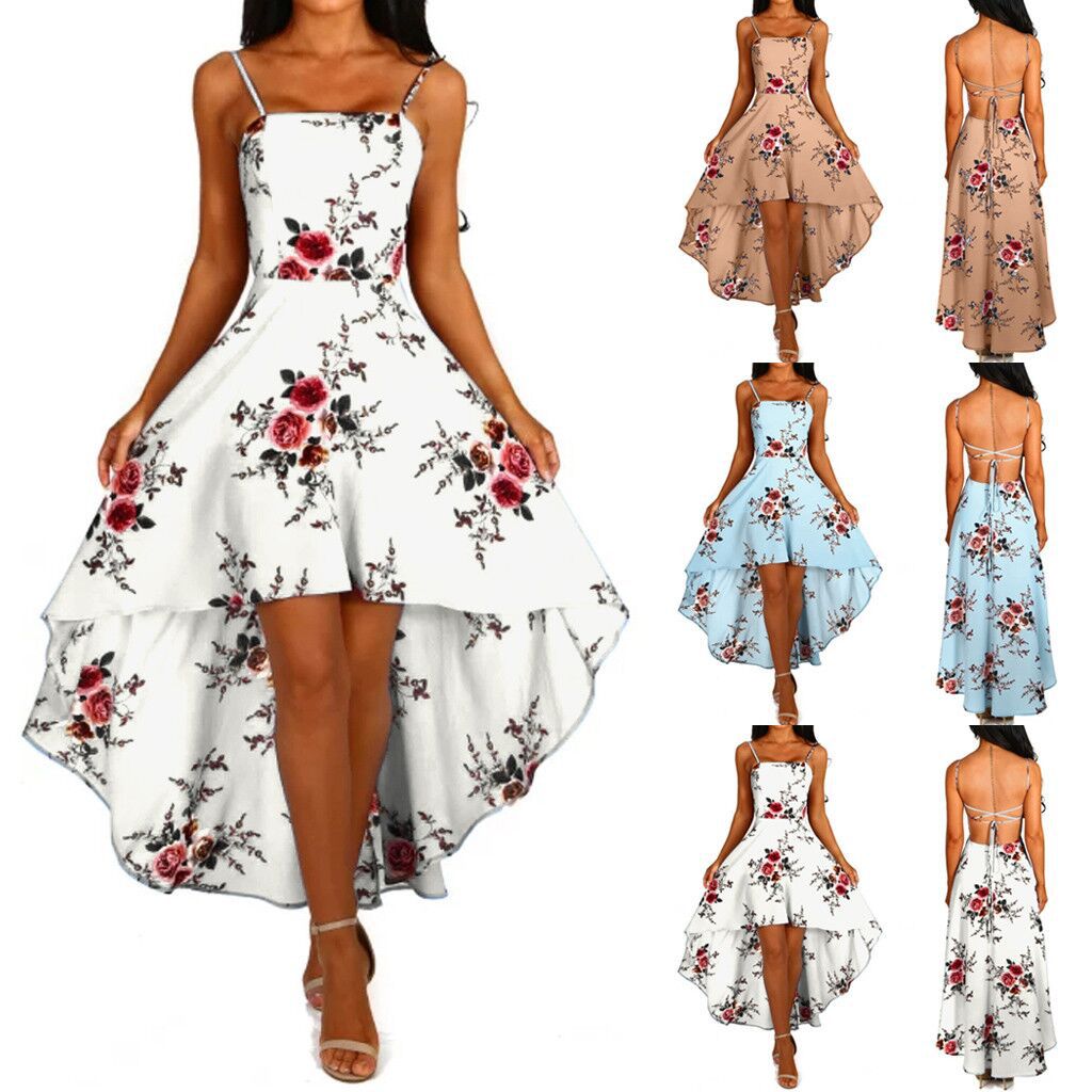Damen asymmetrisches Blumenkleid mit dekorativen Spaghettiträgern und schwingendem Saum Drune