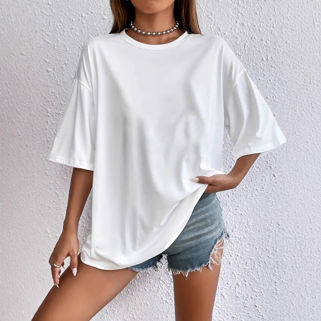 Valenzora | White Loose Short Sleeve Crew Neck Polyester T-Shirt