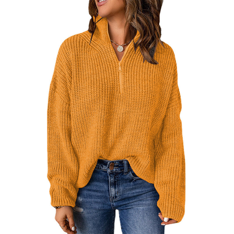 Women's chunky knit sweater with stand-up collar and zipper, size