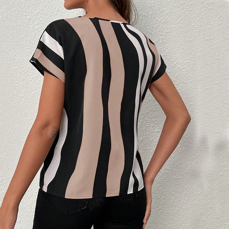 Damen modisches Kurzarmshirt mit V-Ausschnitt und Streifenmuster, Größe