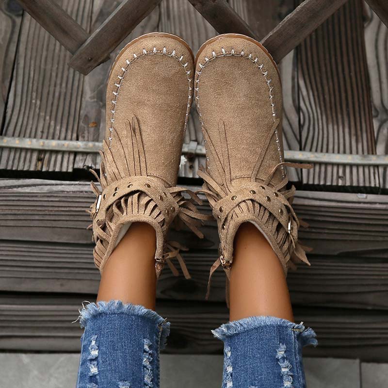 Valenzora | Boho-Stiefeletten mit Fransen und Schnallen für Damen