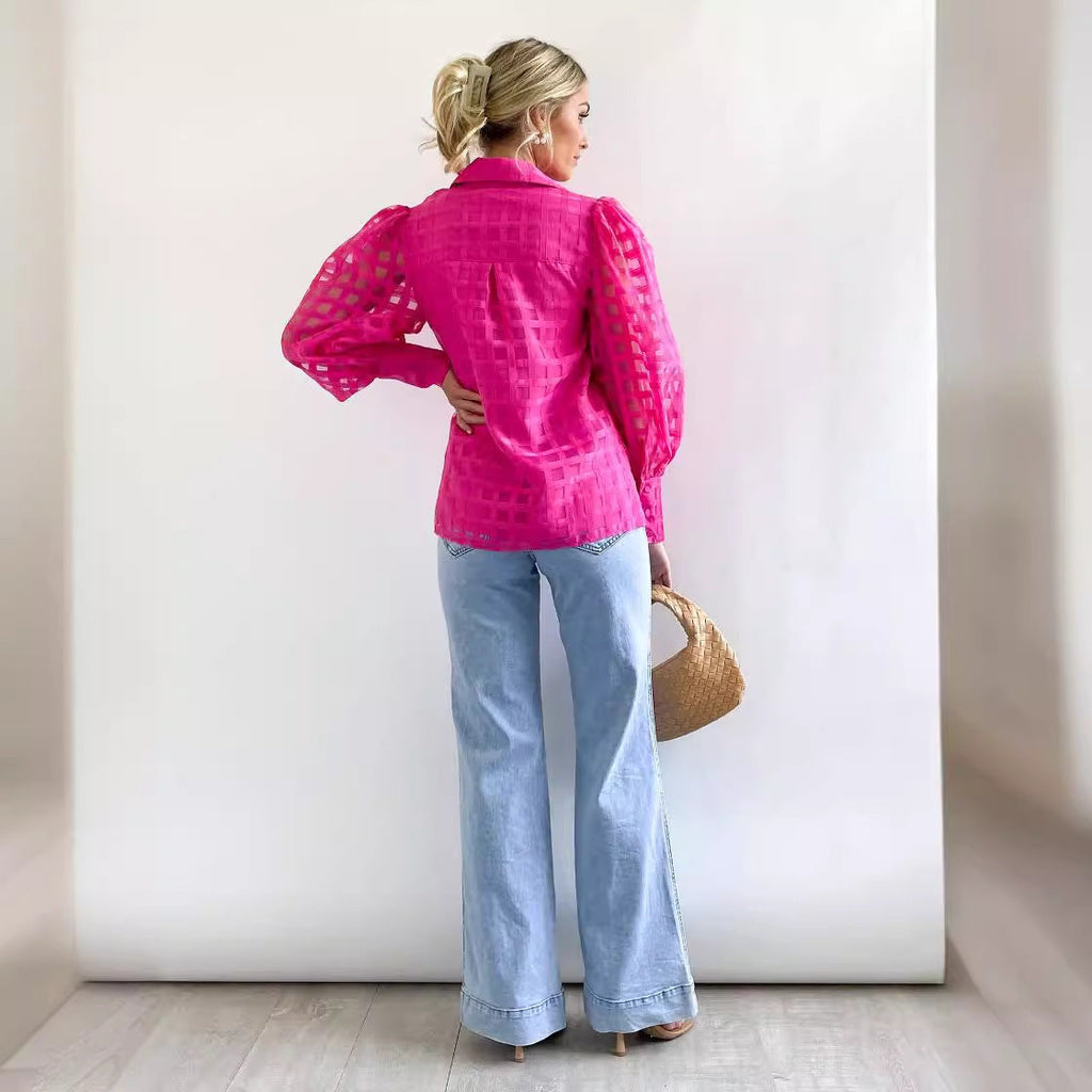 Women's checked shirt with sheer puff sleeves, size