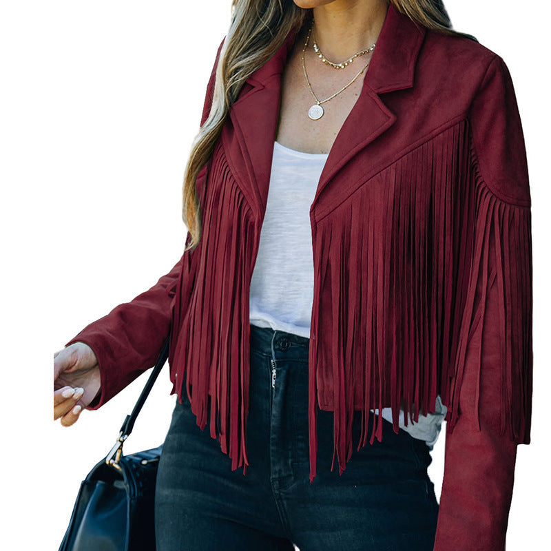 Women's fringed jacket made of high-quality suede blend, size Valenzora