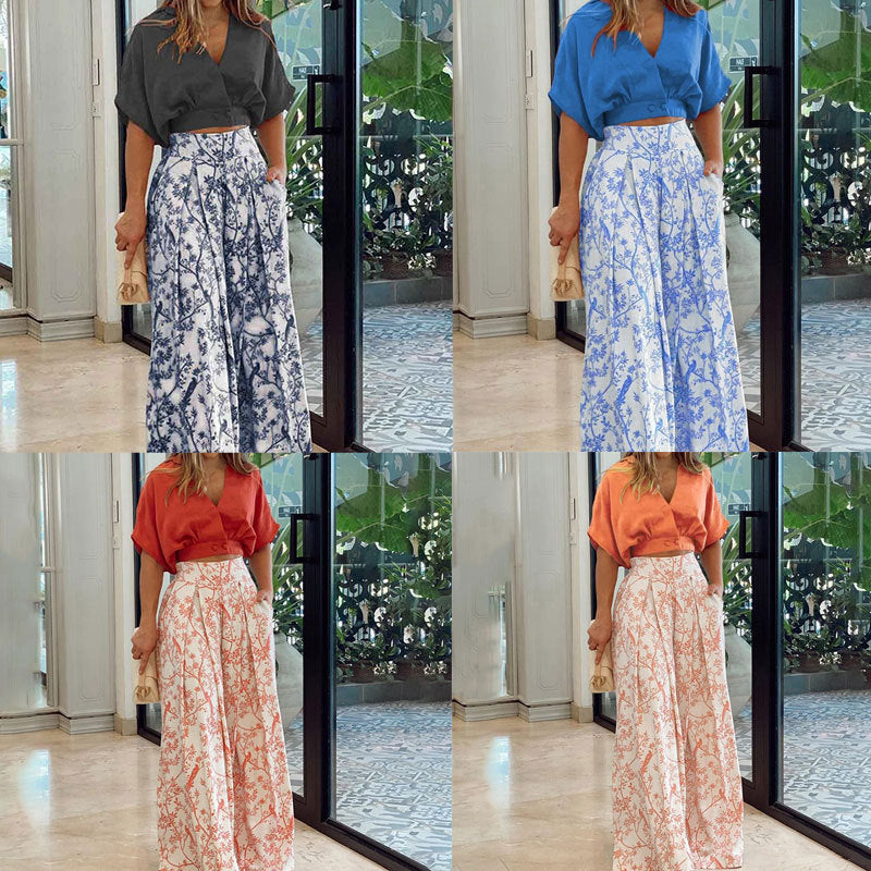 Women's crop top suit with wide skirt and floral pattern, size