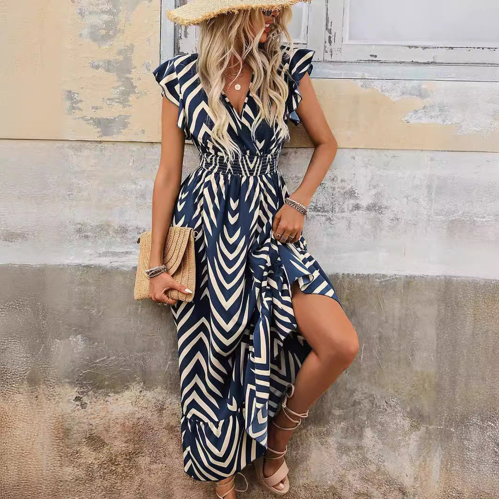 Women's midi dress with an attractive V-neck and elegant pleated skirt, size