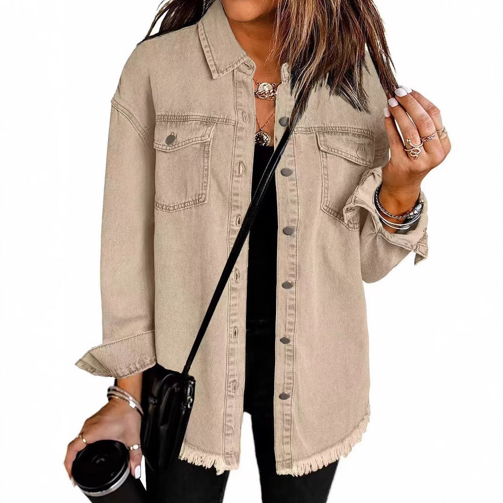 Women's Oversized Denim Shirt with Fringes, Size