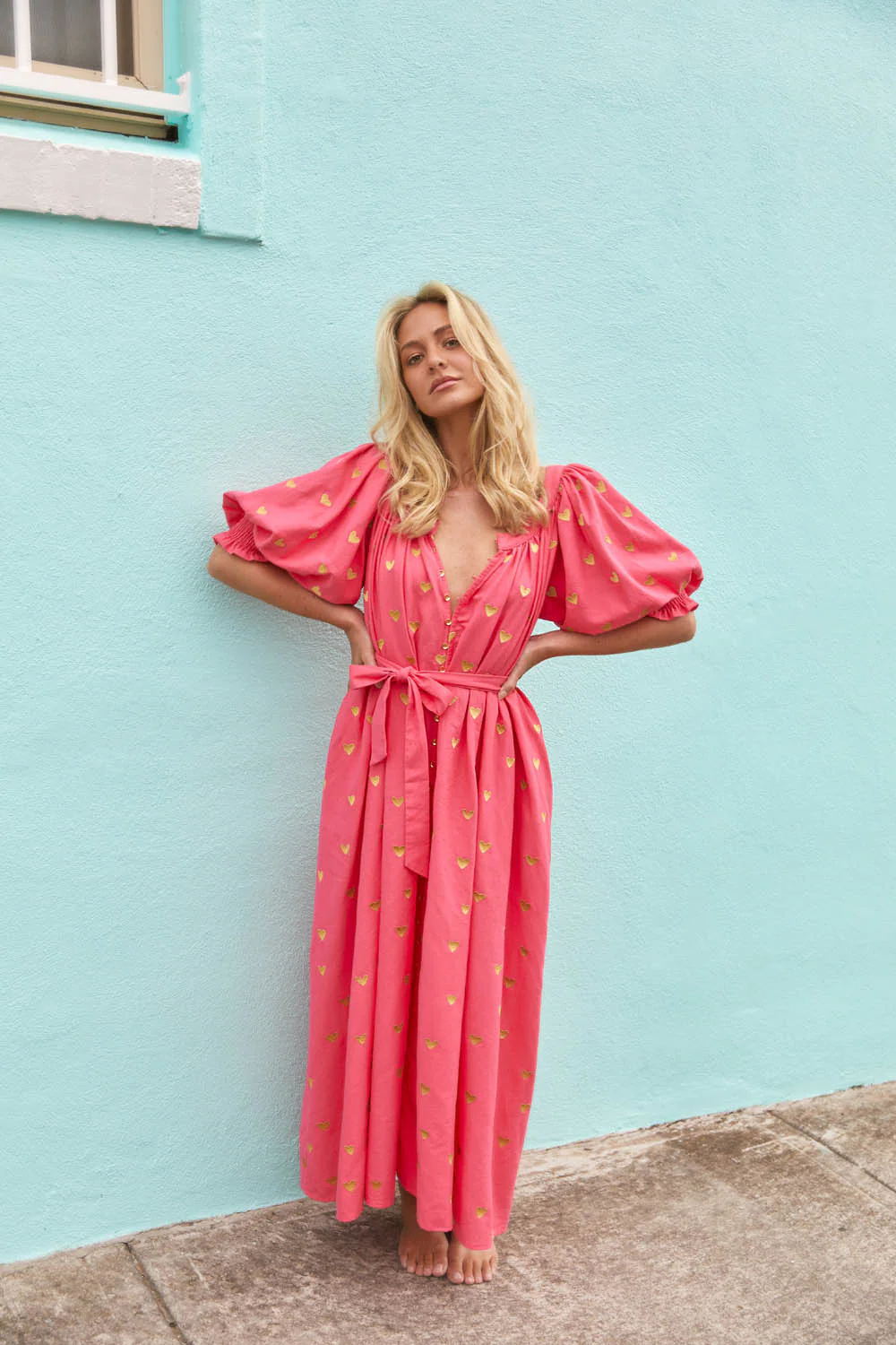 Damen-Sommerkleid mit Puffärmeln und Golddetails, Größe
