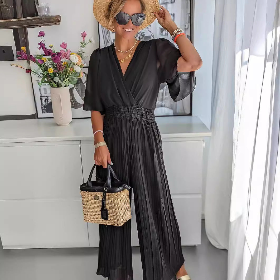 Women's elegant jumpsuit with deep V-neck and voluminous sleeves, size [size missing]