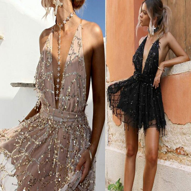 Women's Glittering Cocktail Dress with Deep V-Neck and Swinging Skirt, Size