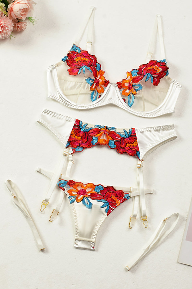Valenzora | Satin Sheer Floral 3 Piece Lingerie Set
