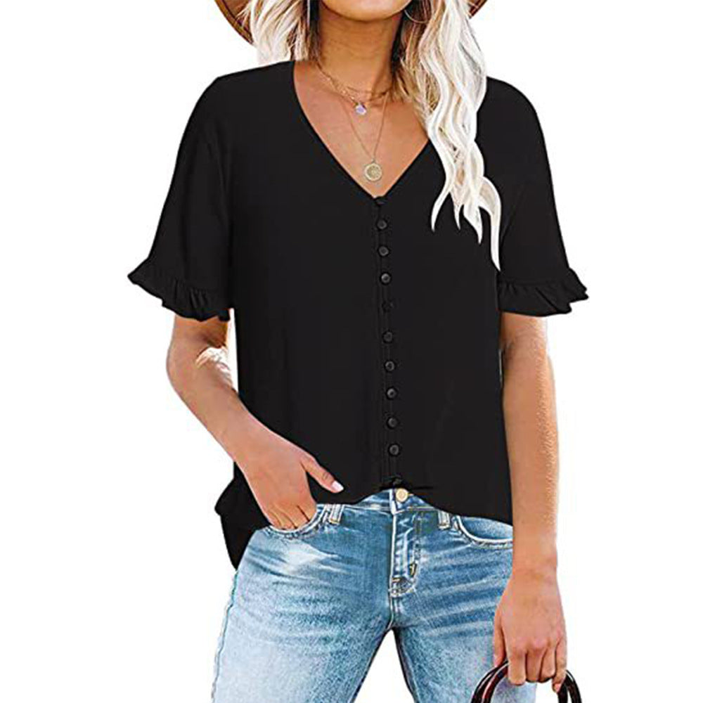 Women's blouse with ruffle details and button placket, size