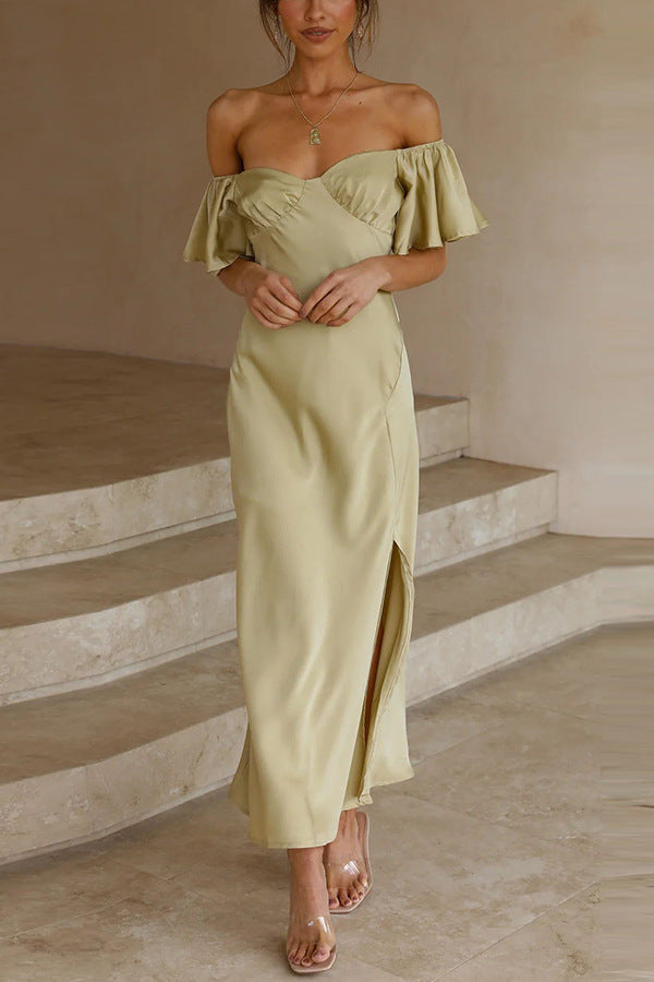 Women's off-the-shoulder midi dress with voluminous sleeves and elegant accents, size Valenzora