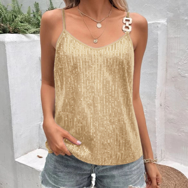 Women's spaghetti strap top with decorative metal accents, size