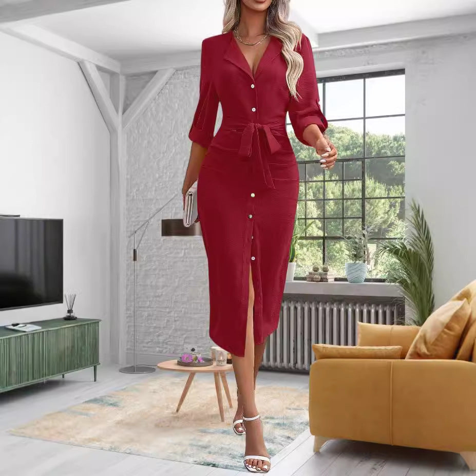 Women's knee-length shirt dress with belt and modern lapel, size S