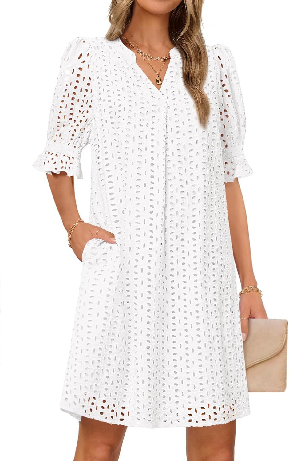 Women's airy summer dress with romantic openwork pattern and practical pockets, size
