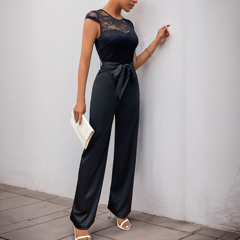 Women's jumpsuit with elegant lace top and adjustable belt, size S